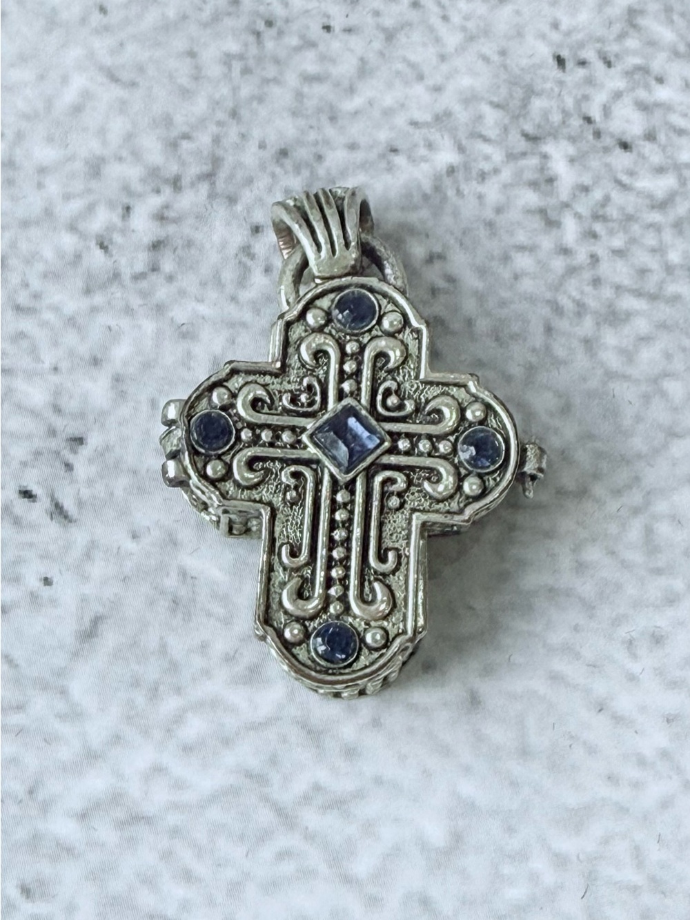 Silver Cross Pendant with Blue Gem Accents